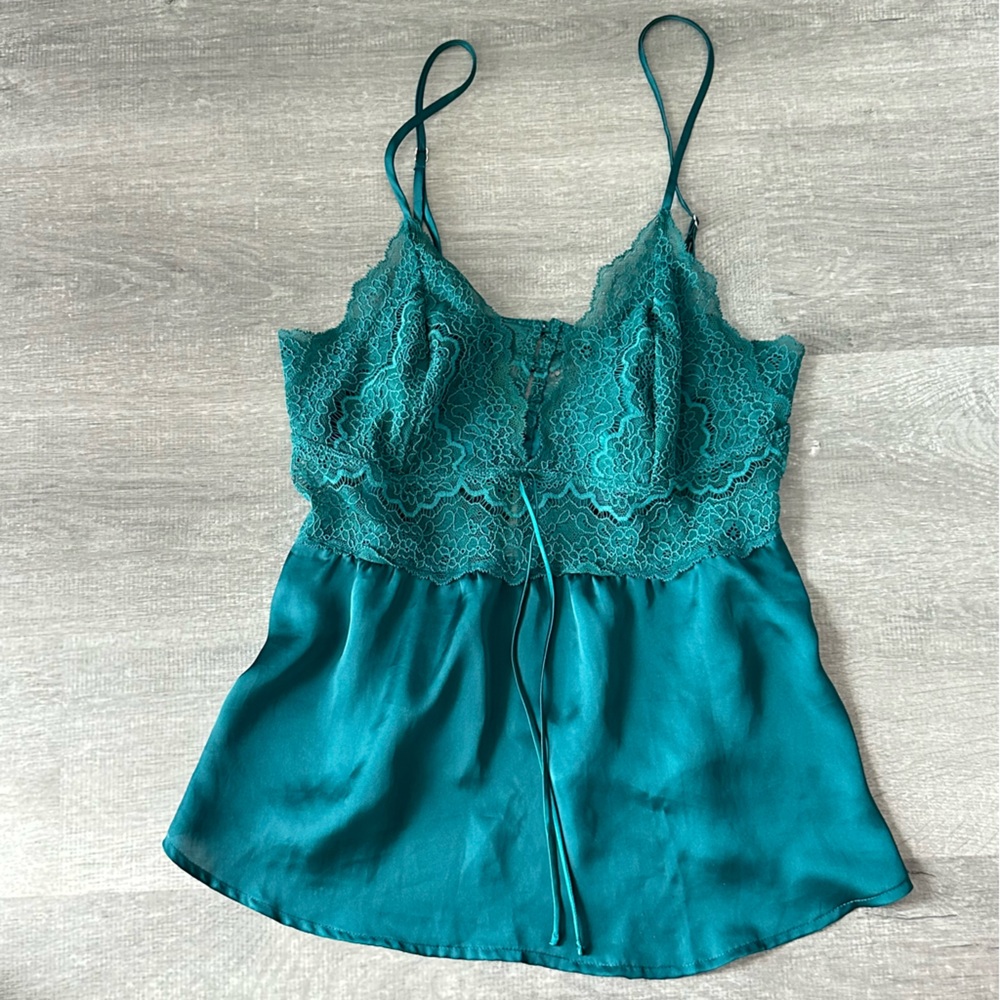 Victoria Secret Green Elegant Teal Lace Satin Cami  Chemise